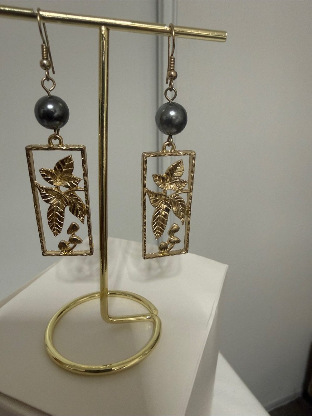 Gold Leaf Drop Earrings with Dark Pearl Accent Gold Tone